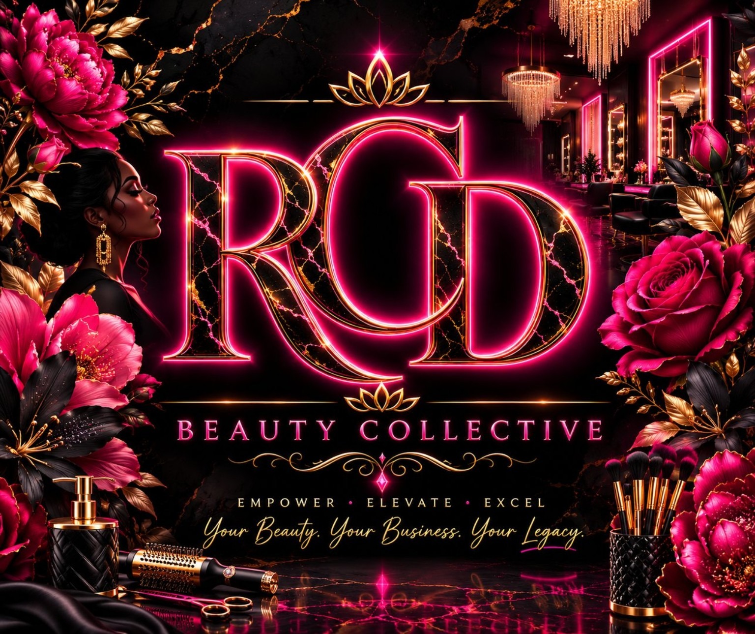 RCD Beauty Collective black and gold marble brand illustration with vivid fuchsia flowers and an elegant salon interior
