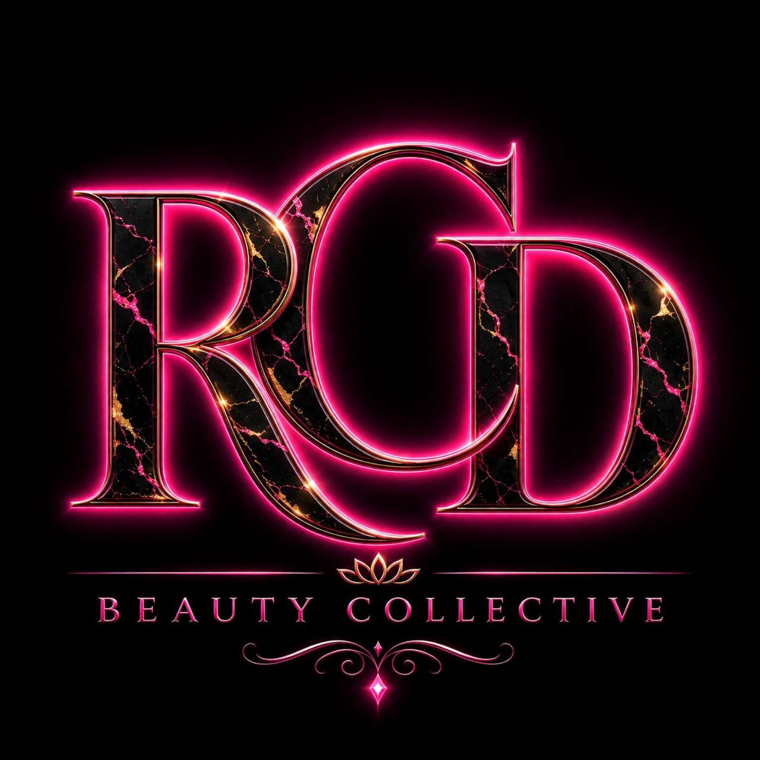RCD Beauty Collective signature fuchsia, gold, and black marble logo